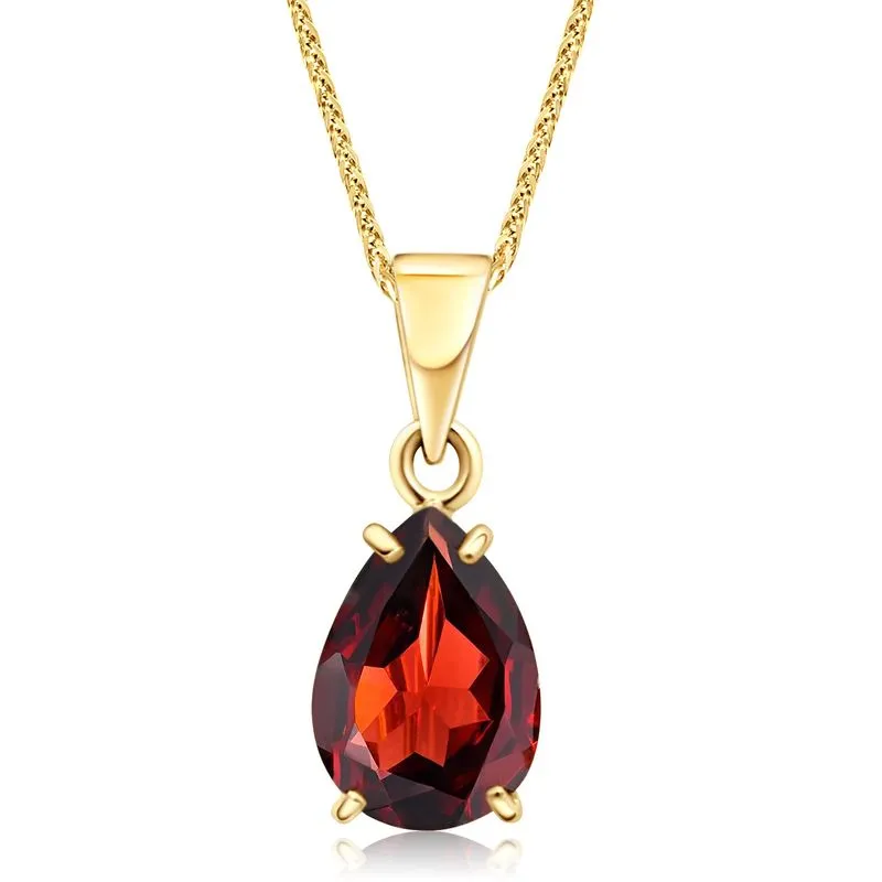 14K Gold Garnet Necklace - Pear Pendant, Aquarius Birthstone, Handmade Gift