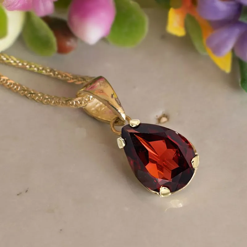 14K Gold Garnet Necklace - Pear Pendant, Aquarius Birthstone, Handmade Gift