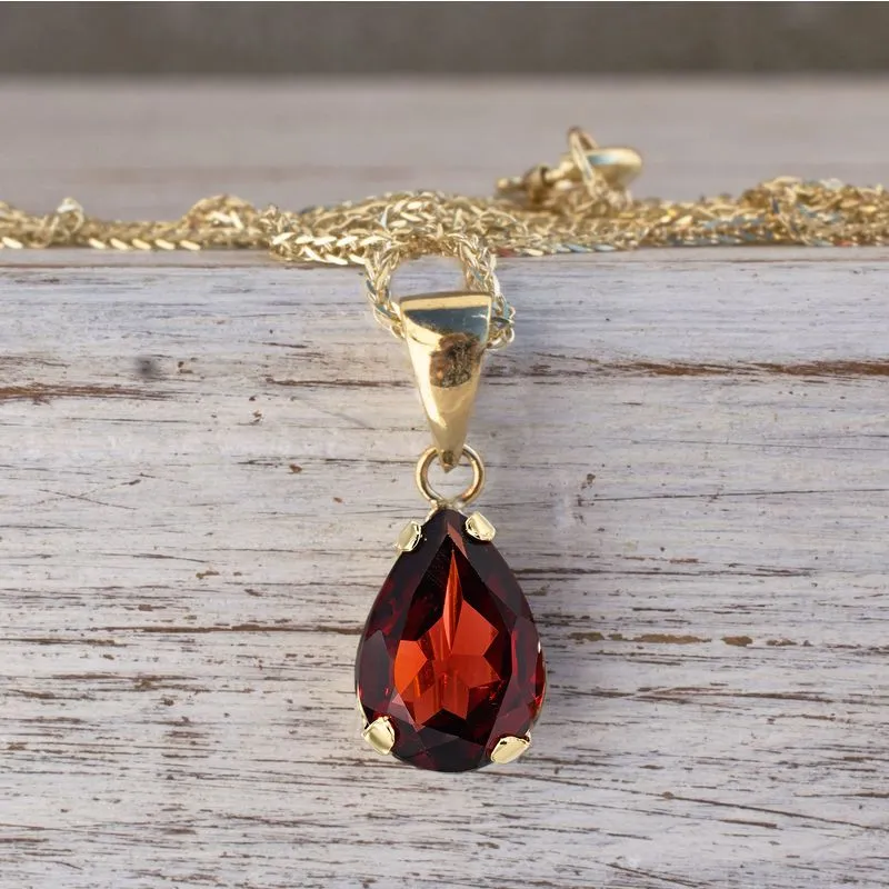 14K Gold Garnet Necklace - Pear Pendant, Aquarius Birthstone, Handmade Gift