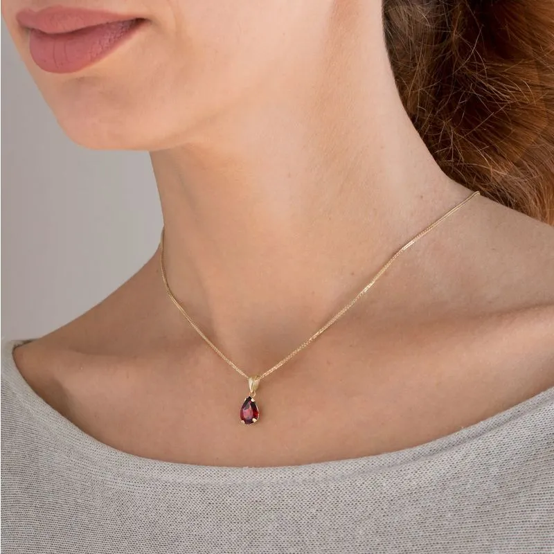 14K Gold Garnet Necklace - Pear Pendant, Aquarius Birthstone, Handmade Gift