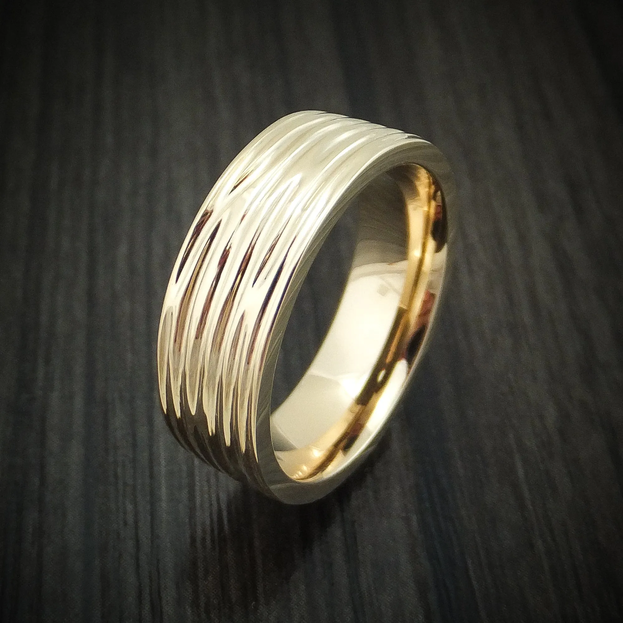 14K Gold Men's Ring with Tree Bark Finish Custom Made Band