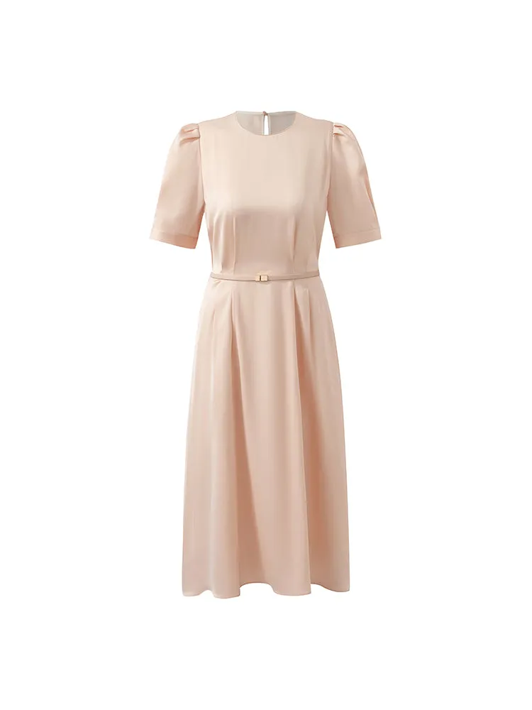 22 Momme Mulberry Silk Women Midi Dress With Leather Belt