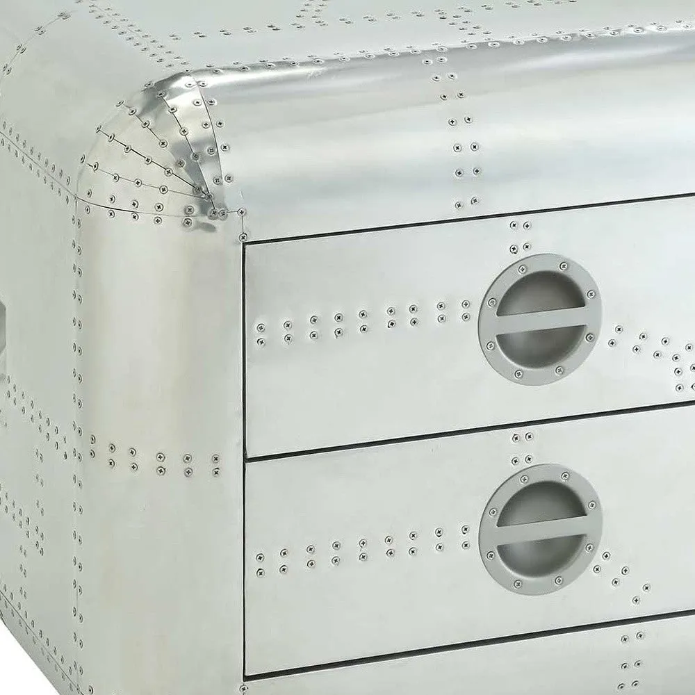 22 Silver Aluminum Aviator Trunk Style Square End Table With Two Drawers