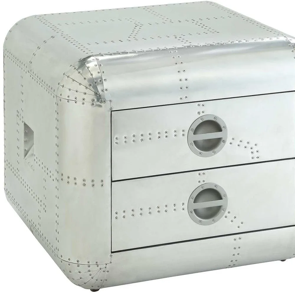 22 Silver Aluminum Aviator Trunk Style Square End Table With Two Drawers