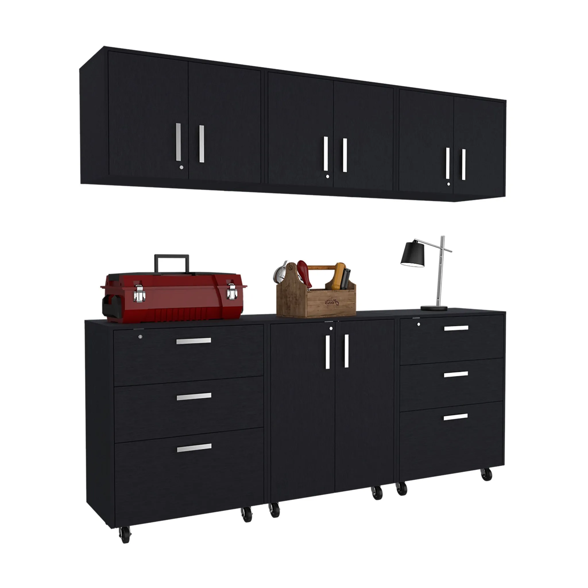 28 Black Wall mounted Accent Cabinet With Eight Shelves And Six Drawers