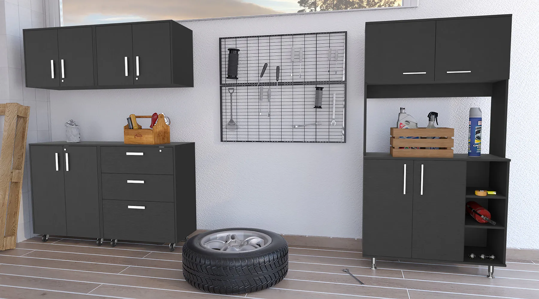 28 Black Wall mounted Accent Cabinet With Nine Shelves And Three Drawers