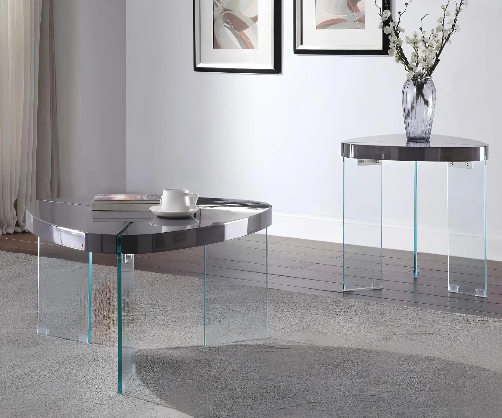 31 Clear Glass And Gray High Gloss Triangle Coffee Table