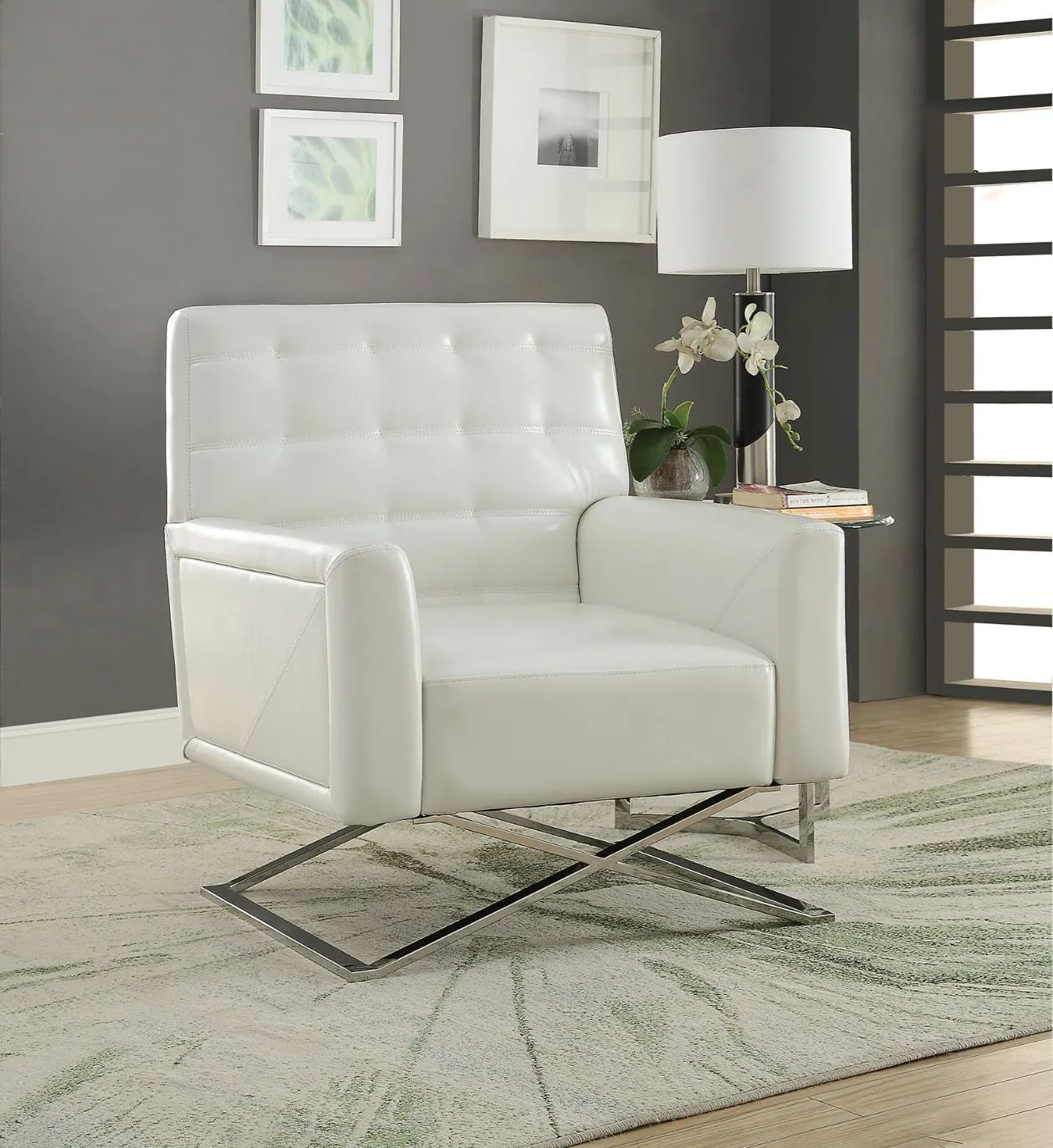 34 White Faux Leather And Steel Solid Color Club Chair