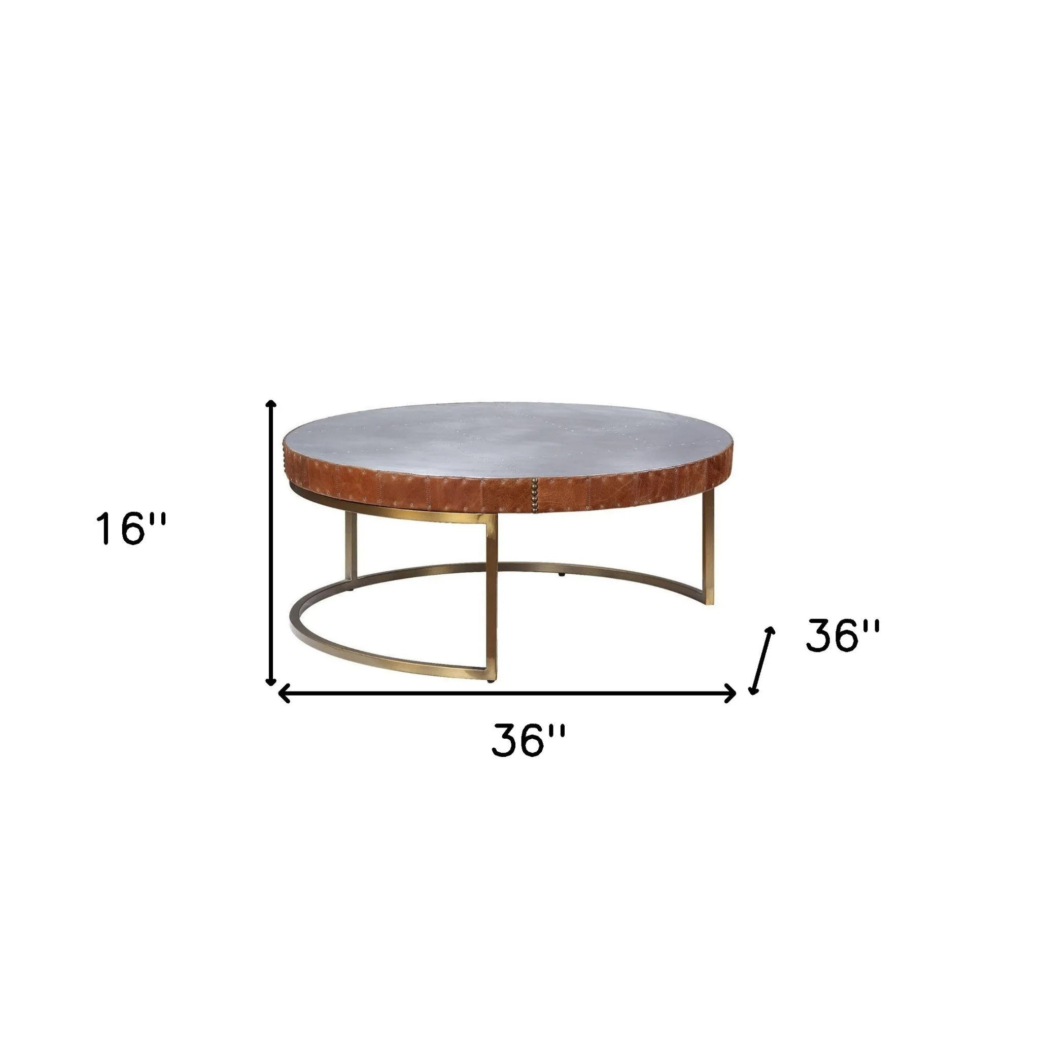 36 Brown And Silver Leather And Metal Round Coffee Table