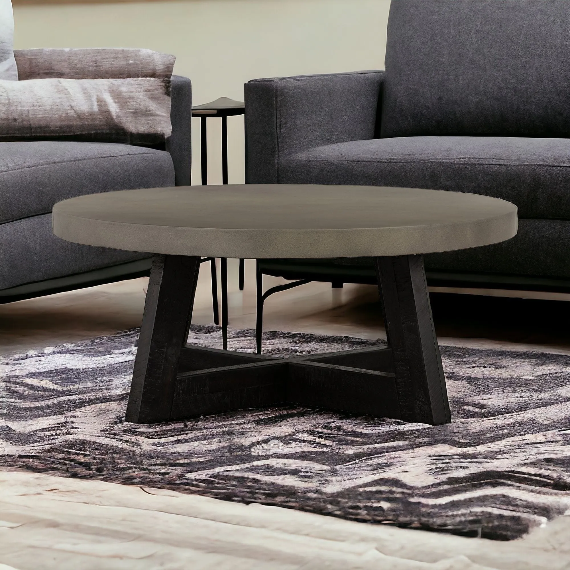 36 Gray And Black Concrete And Solid Wood Round Coffee Table