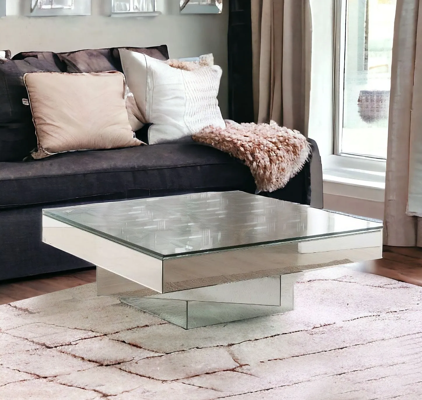 40 Clear And Silver Glass Mirrored Coffee Table