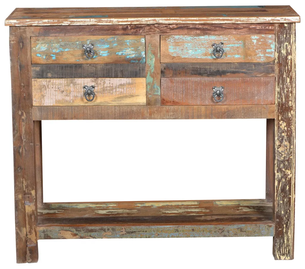 42 Brown Solid Wood Distressed Floor Shelf Console Table With Shelves And Drawers