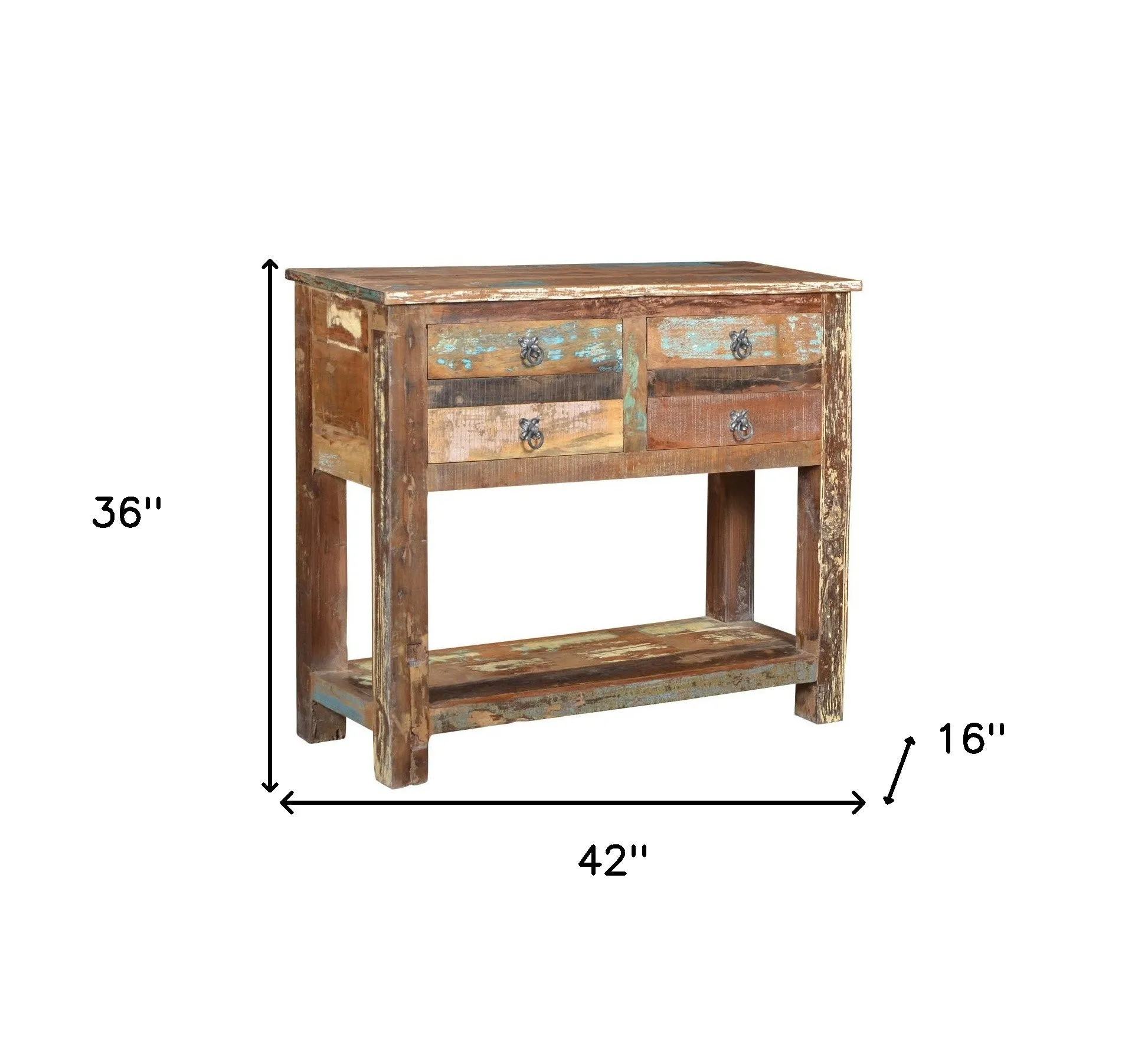 42 Brown Solid Wood Distressed Floor Shelf Console Table With Shelves And Drawers