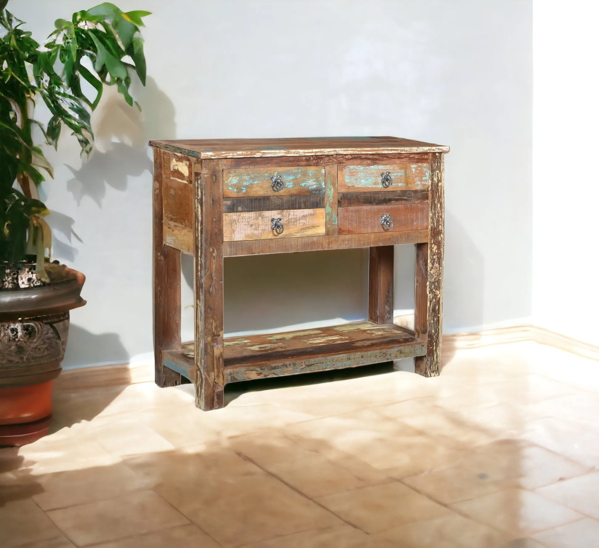 42 Brown Solid Wood Distressed Floor Shelf Console Table With Shelves And Drawers