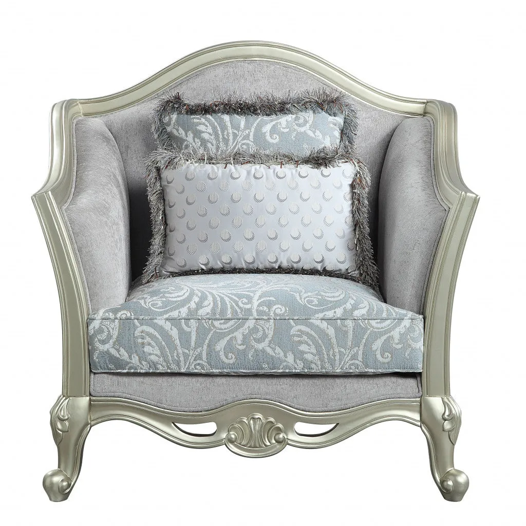 44 Light Gray Linen And Champagne Floral Arm Chair