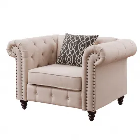 45 Beige Linen And Black Tufted Chesterfield Chair