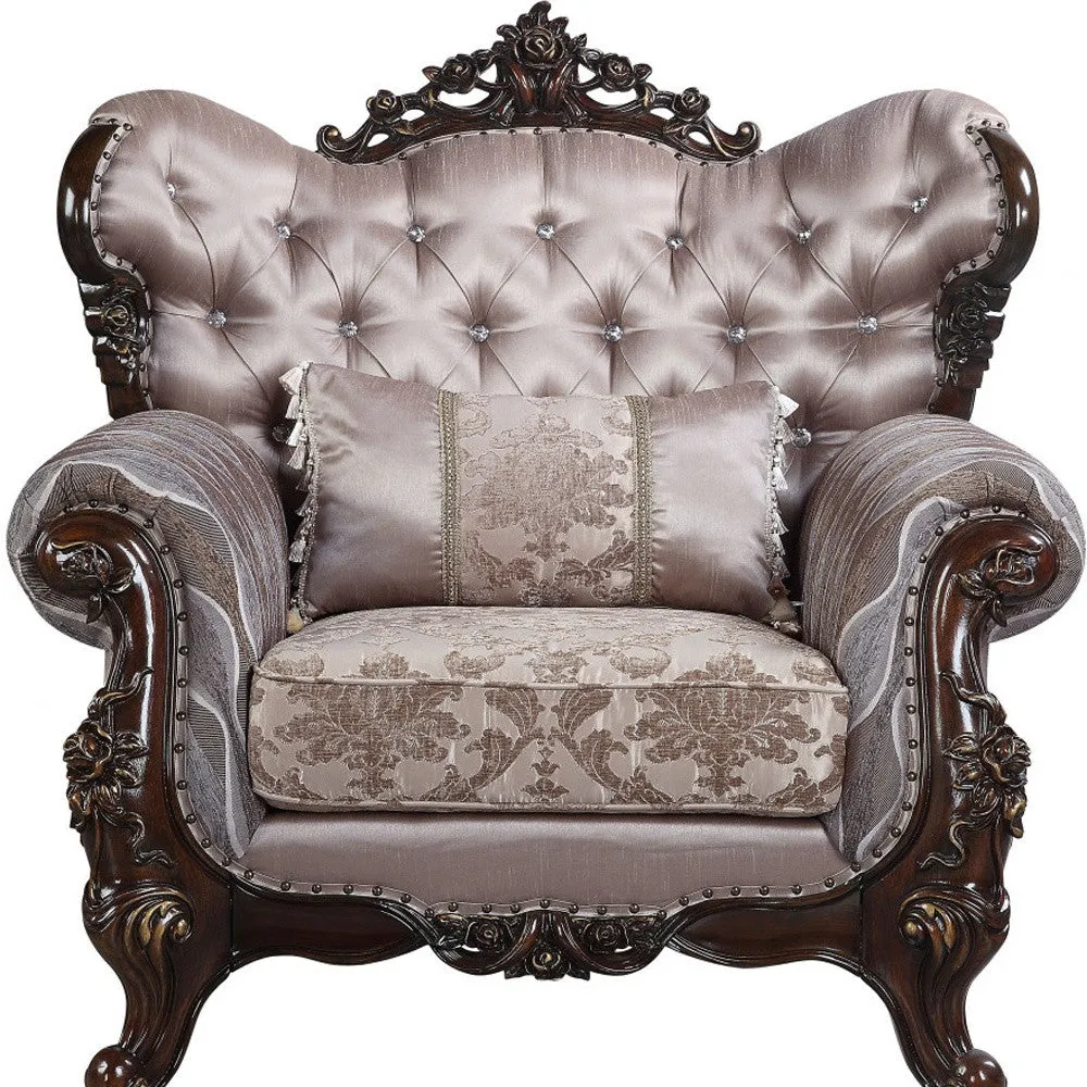 46 Light Gray Fabric And Antique Oak Floral Tufted Arm Chair