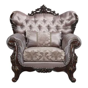 46 Light Gray Fabric And Antique Oak Floral Tufted Arm Chair