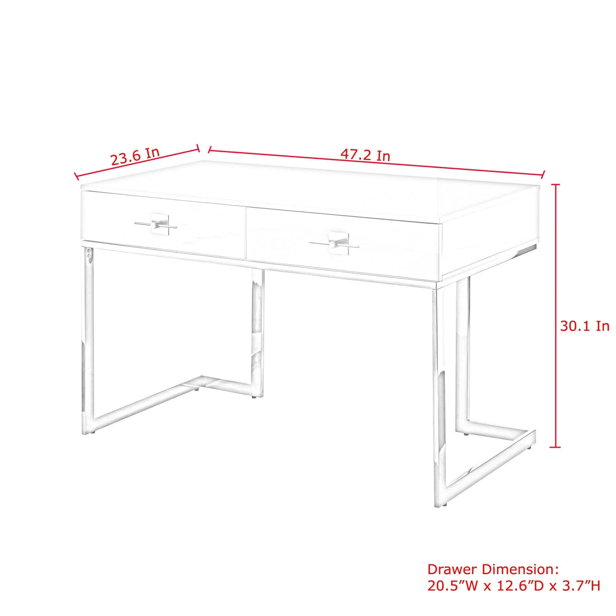 47 White and Silver Metallic Writing Desk With Two Drawers