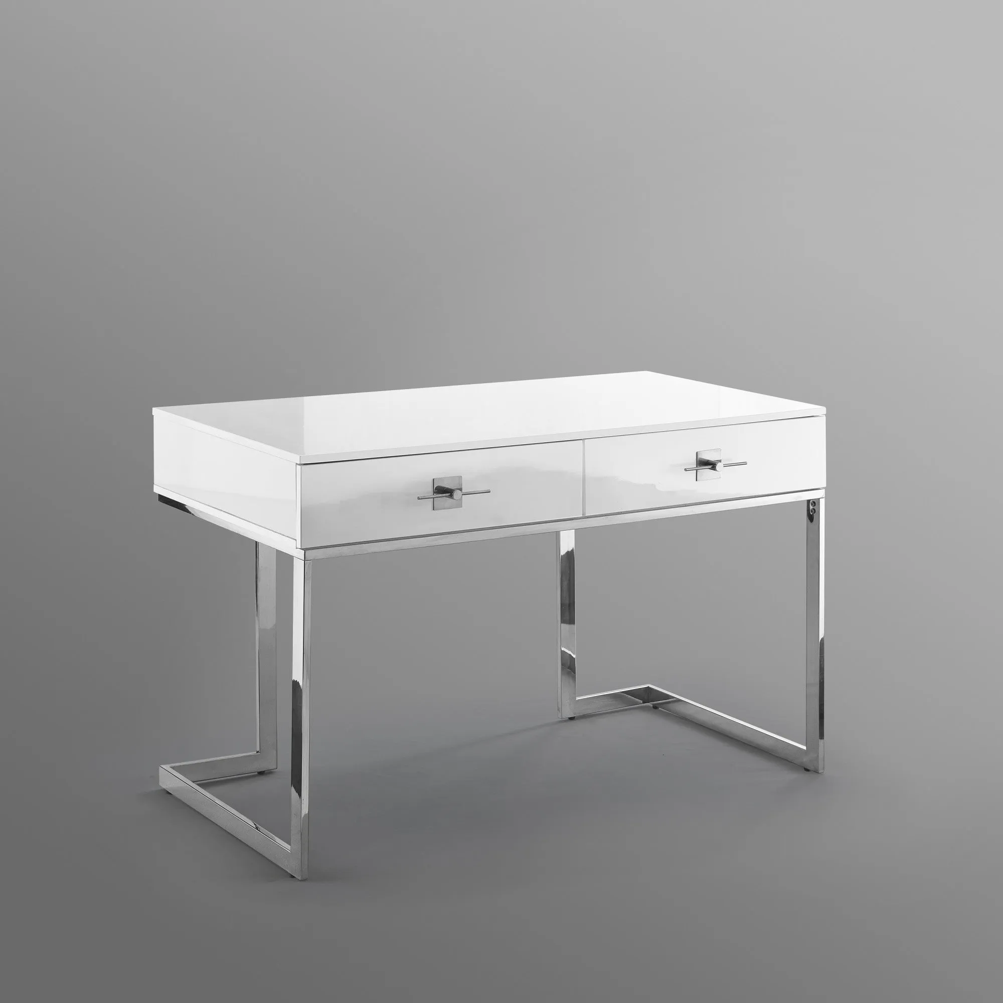 47 White and Silver Metallic Writing Desk With Two Drawers