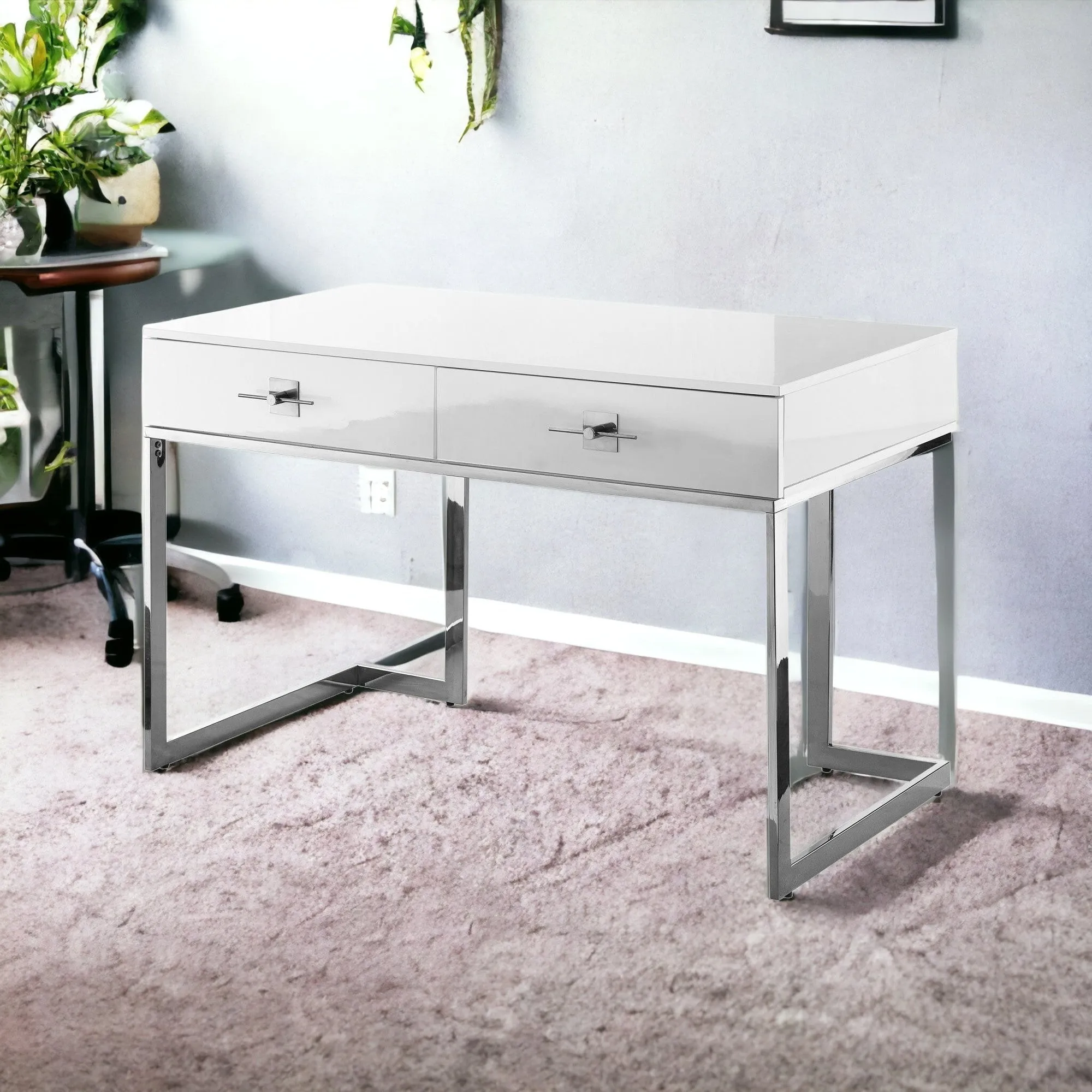 47 White and Silver Metallic Writing Desk With Two Drawers