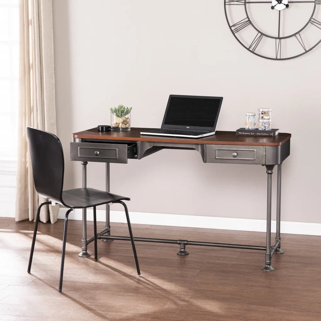 50 Brown And Silver Writing Desk With Two Drawers