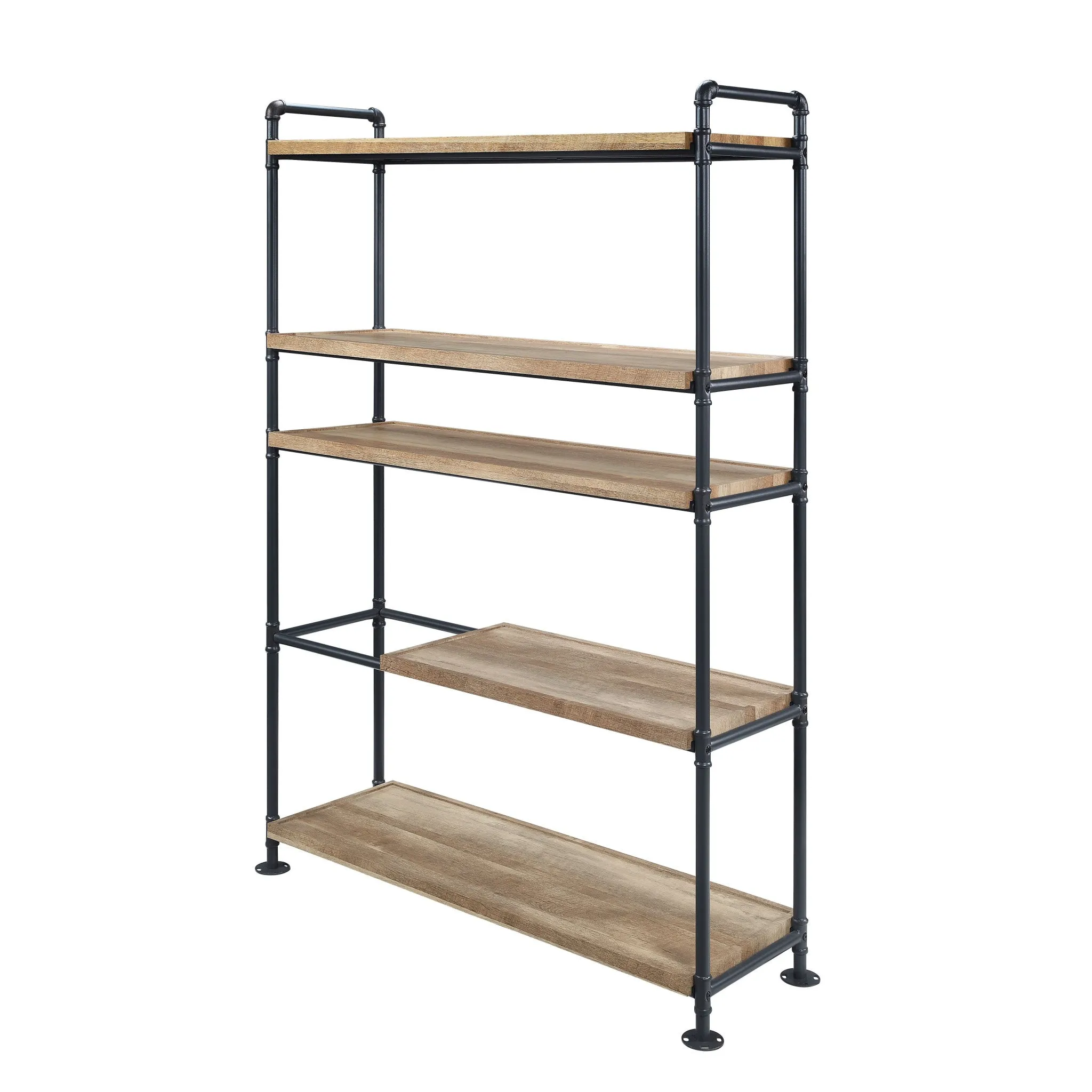 65 Brown and Black Metal Five Tier Etagere Bookcase