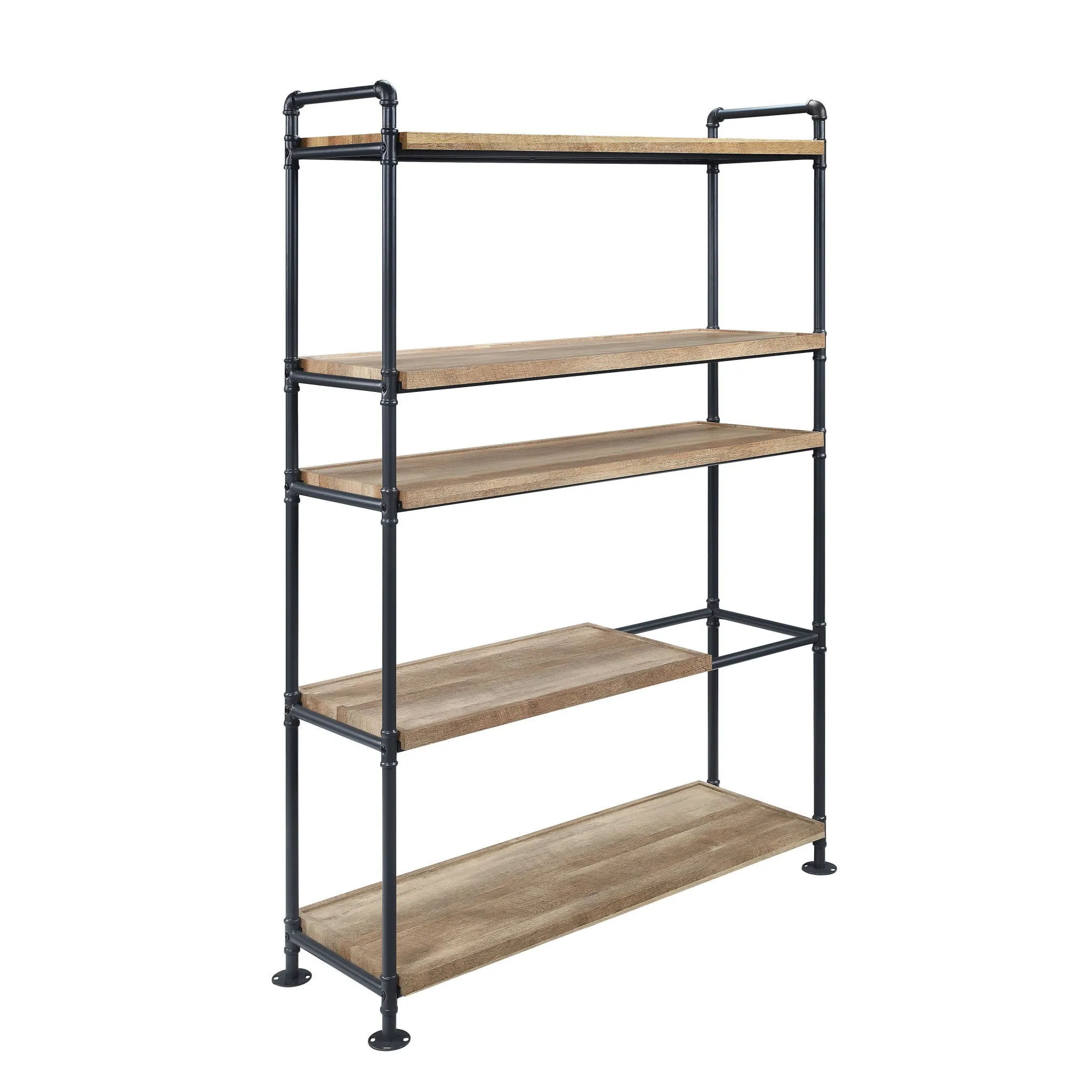 65 Brown and Black Metal Five Tier Etagere Bookcase