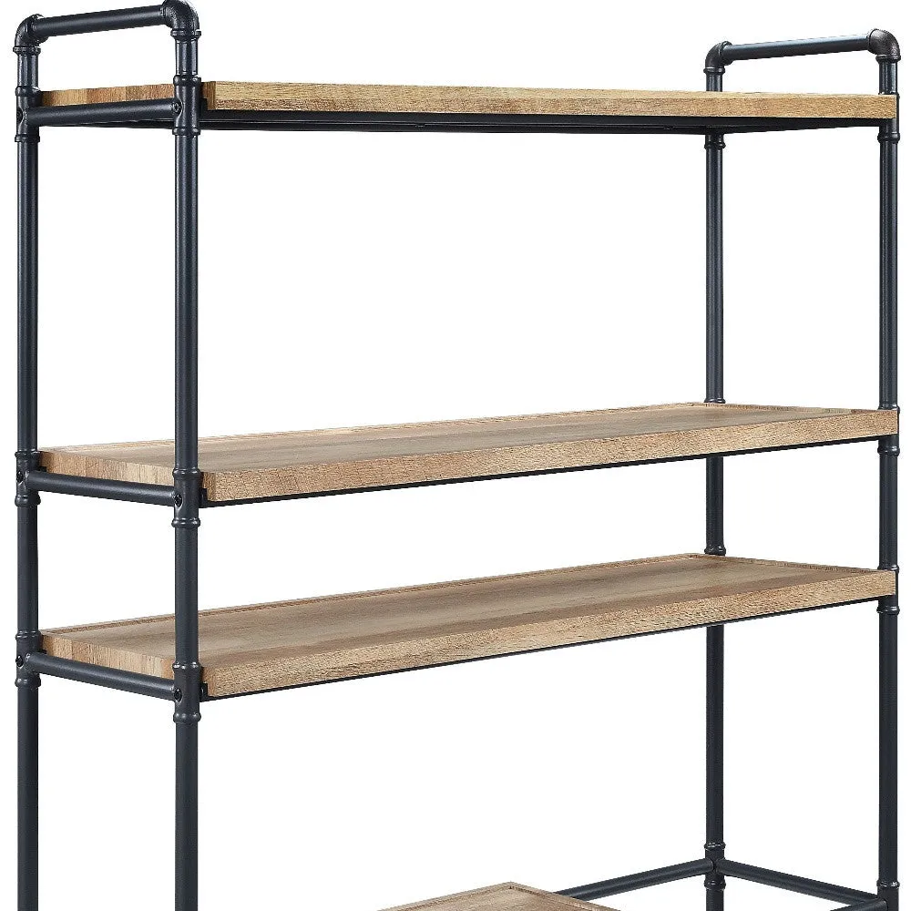 65 Brown and Black Metal Five Tier Etagere Bookcase