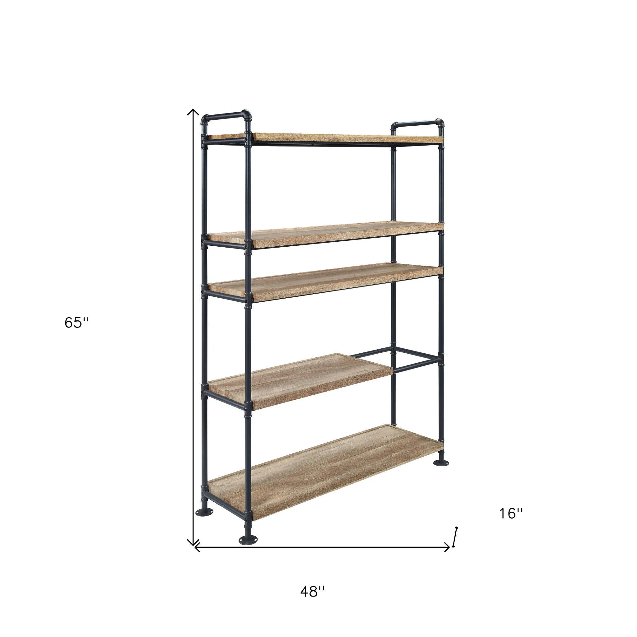 65 Brown and Black Metal Five Tier Etagere Bookcase