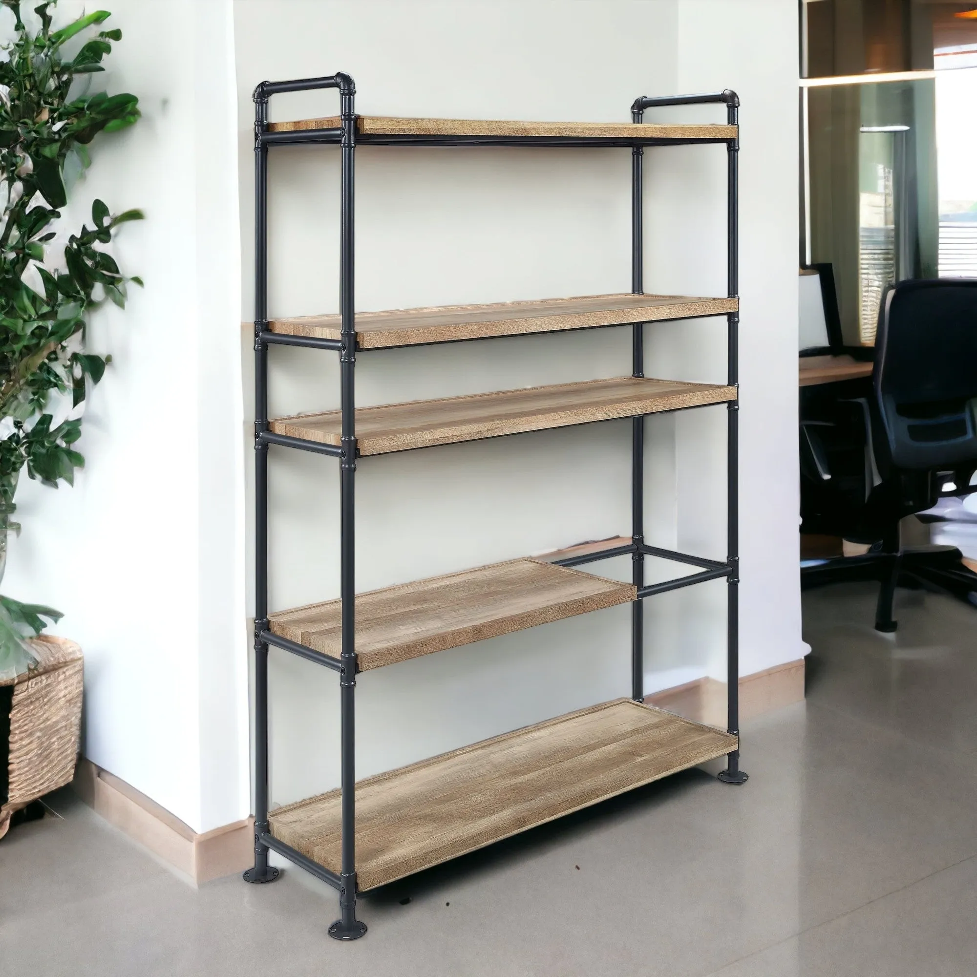 65 Brown and Black Metal Five Tier Etagere Bookcase