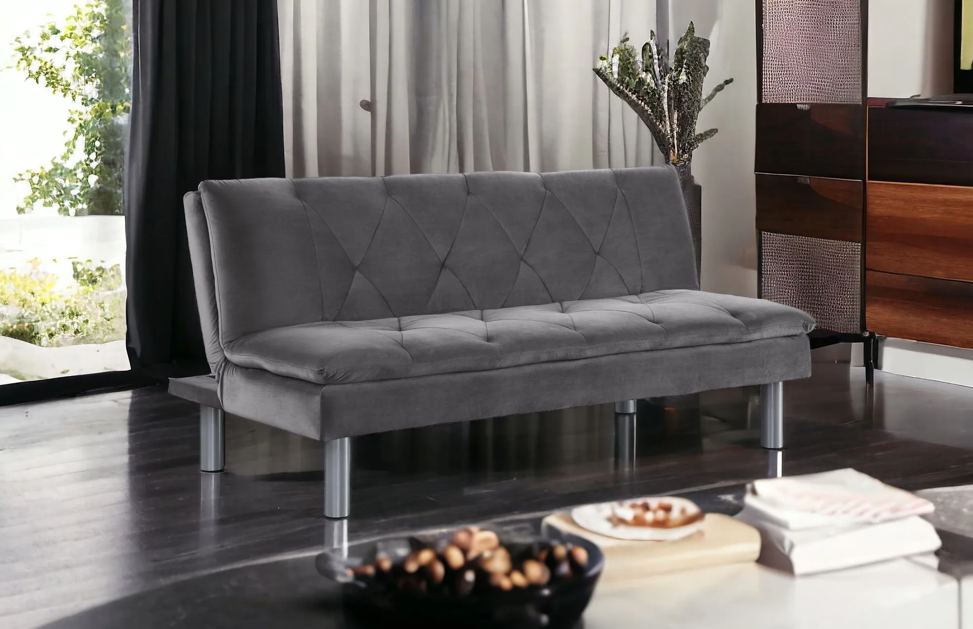 66 Gray Velvet And Silver Sleeper Sofa