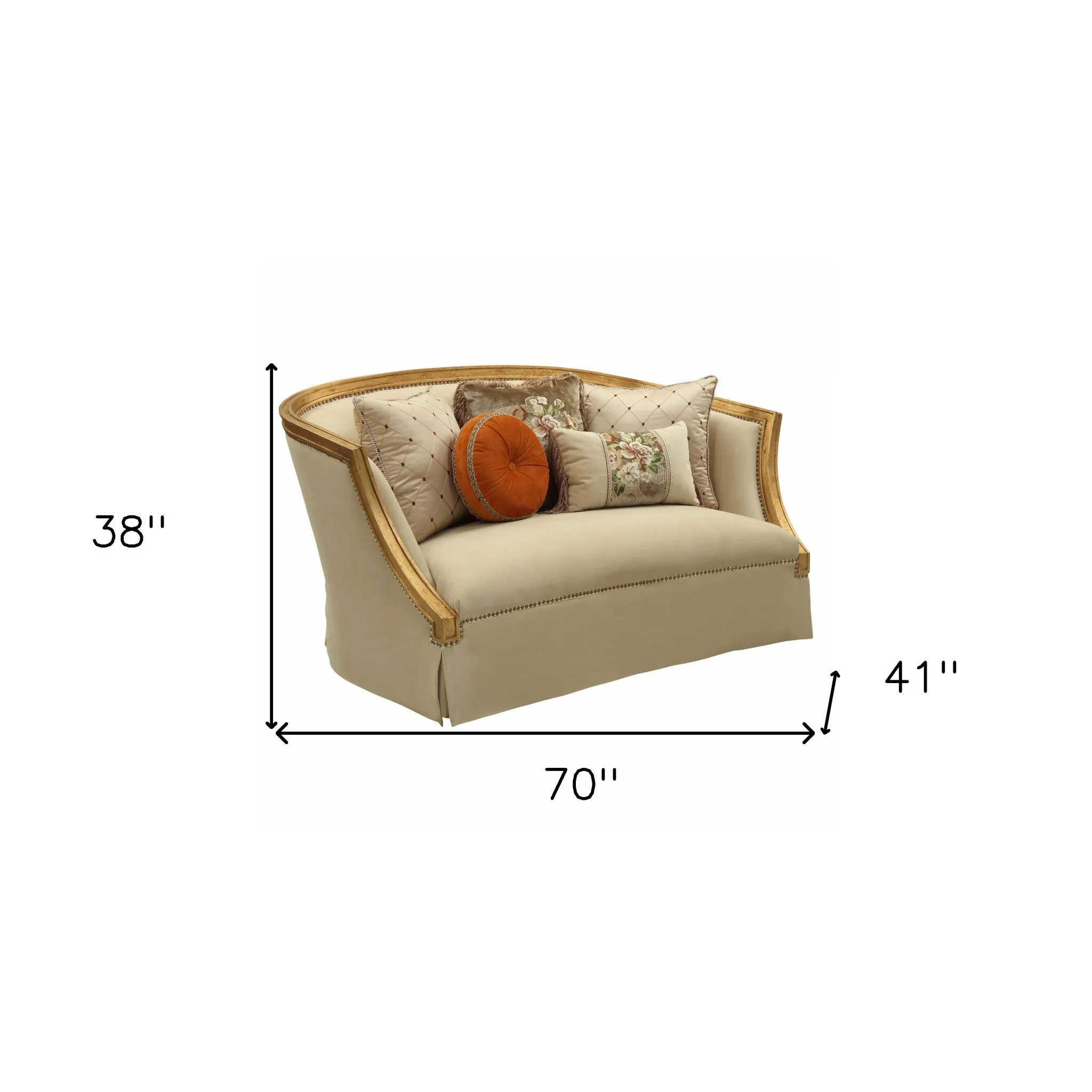 70 Tan And Gold Polyester Blend Curved Loveseat and Toss Pillows