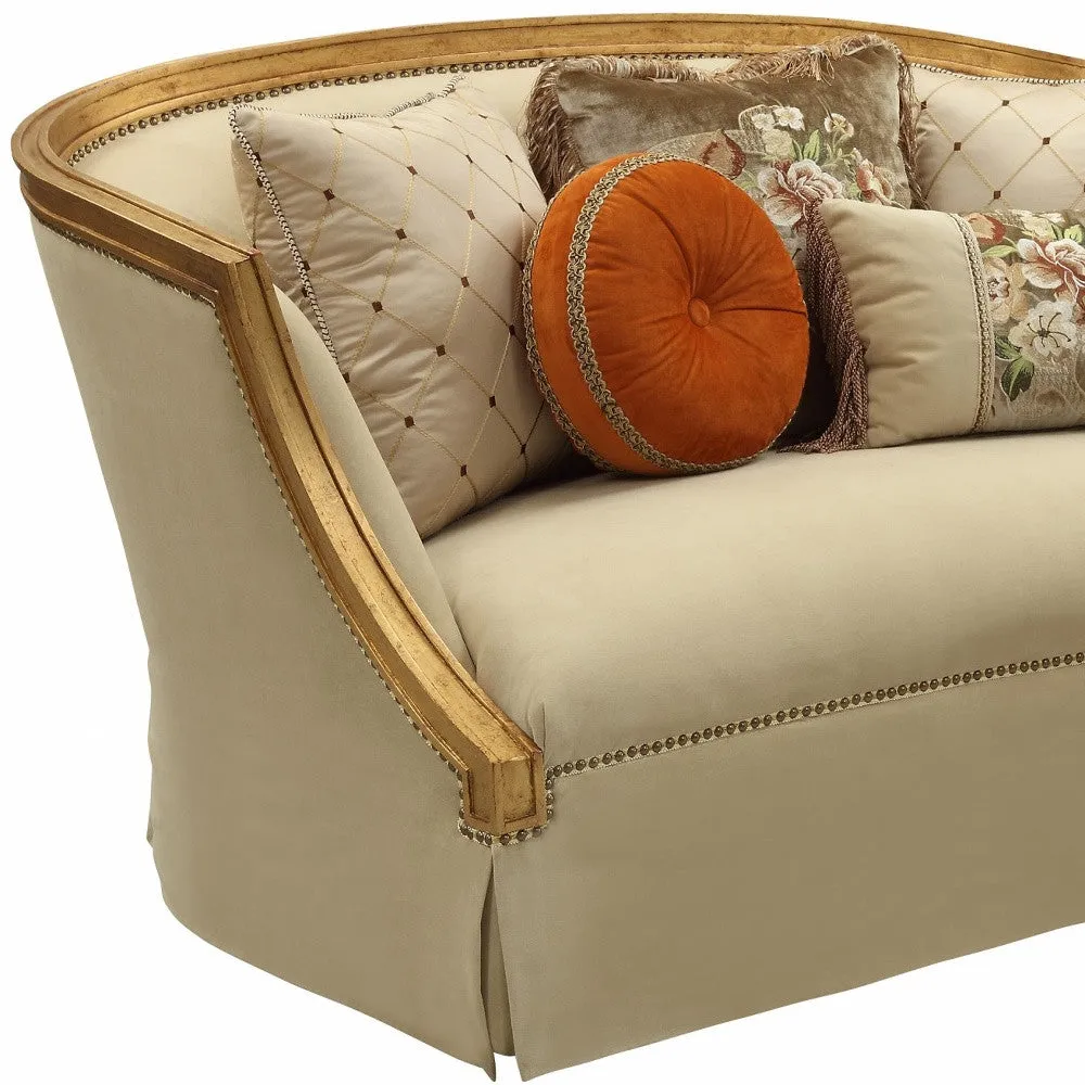 70 Tan And Gold Polyester Blend Curved Loveseat and Toss Pillows