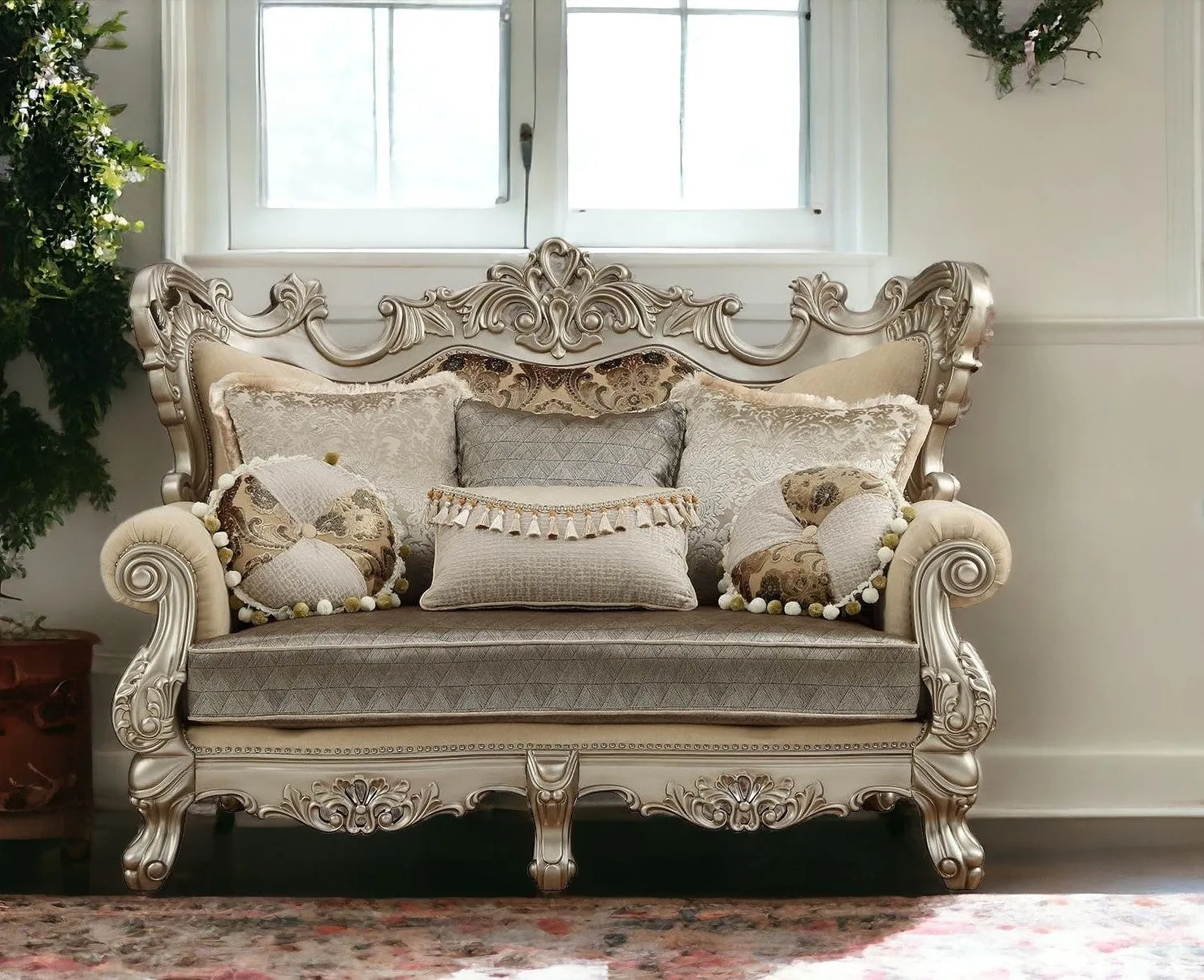 72 Cream And Platinum Polyester Blend Damask Chesterfield Loveseat and Toss Pillows