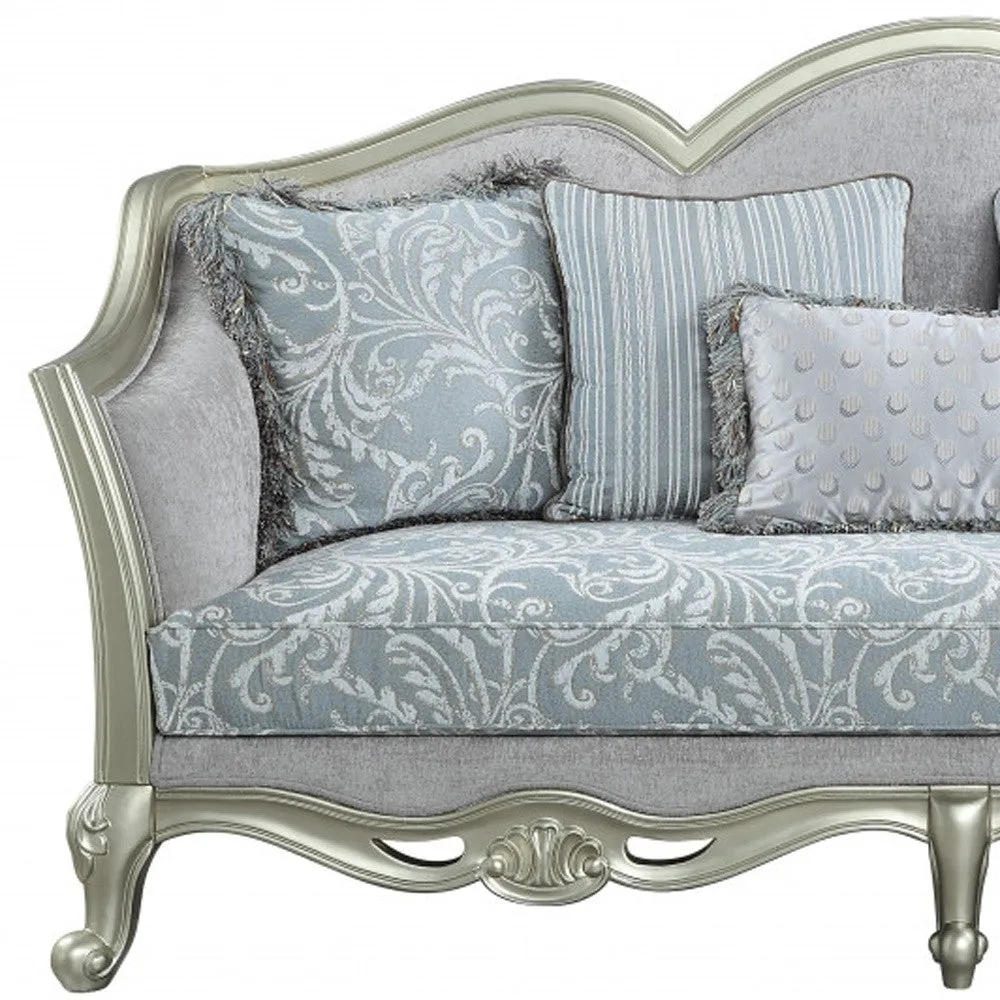 85 Light Gray And Champagne Linen Sofa And Toss Pillows