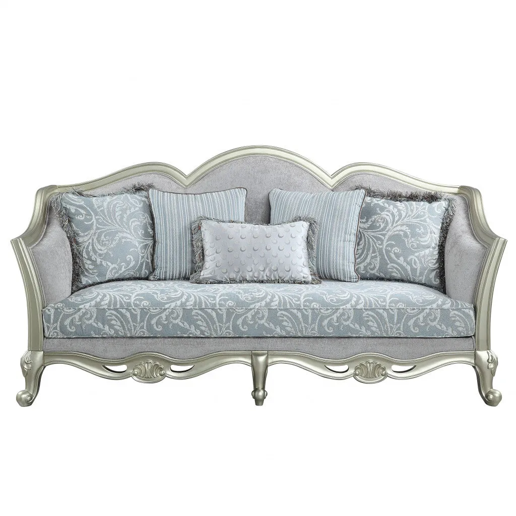 85 Light Gray And Champagne Linen Sofa And Toss Pillows