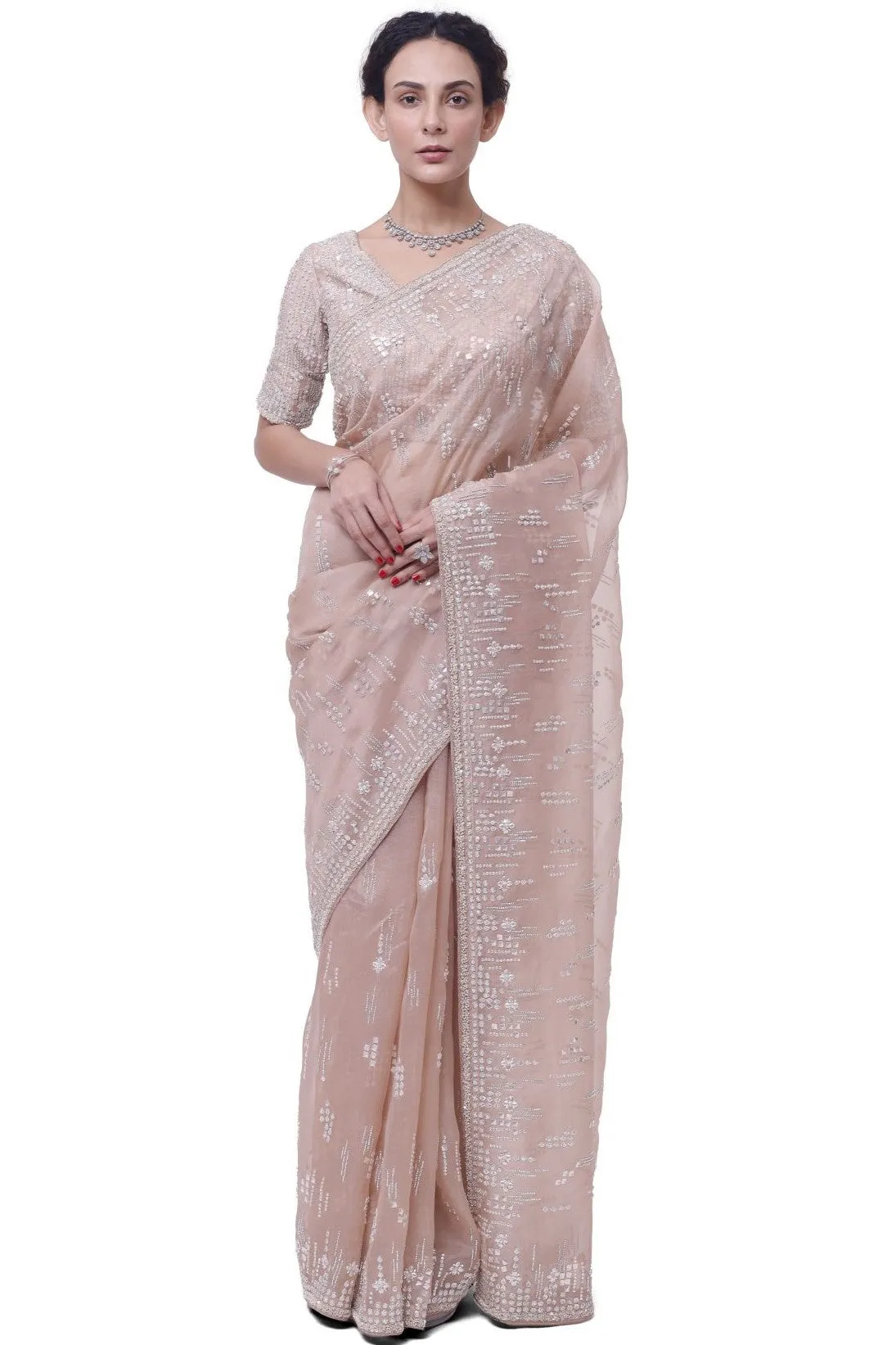 90Y040-RO Dusty Pink Embroidered Organza Sari with Raw Silk Blouse