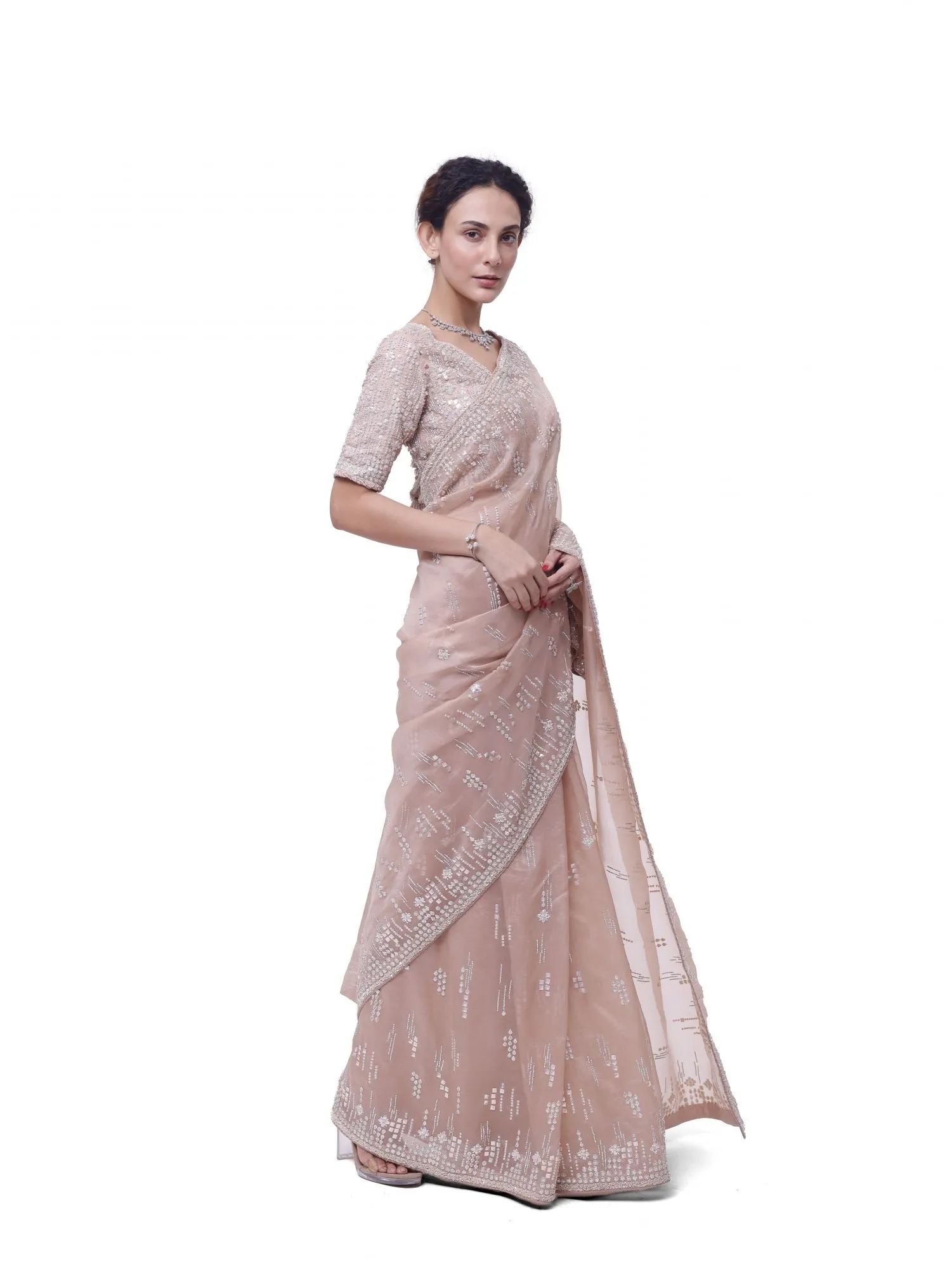 90Y040-RO Dusty Pink Embroidered Organza Sari with Raw Silk Blouse