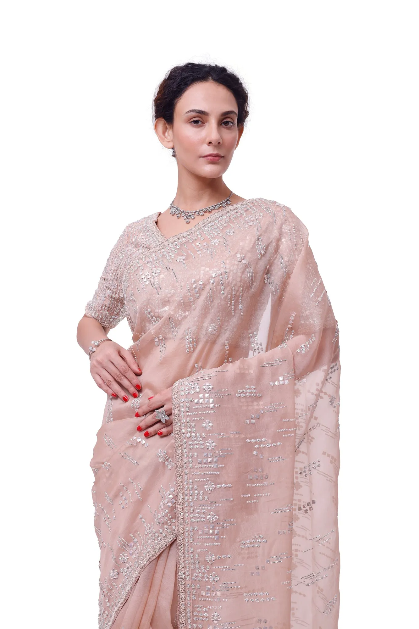 90Y040-RO Dusty Pink Embroidered Organza Sari with Raw Silk Blouse