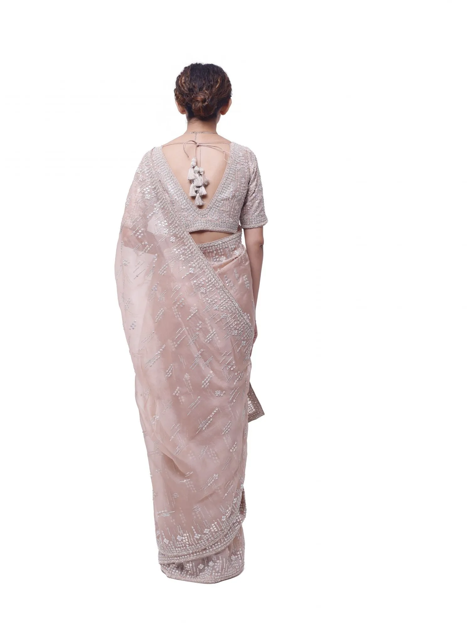 90Y040-RO Dusty Pink Embroidered Organza Sari with Raw Silk Blouse