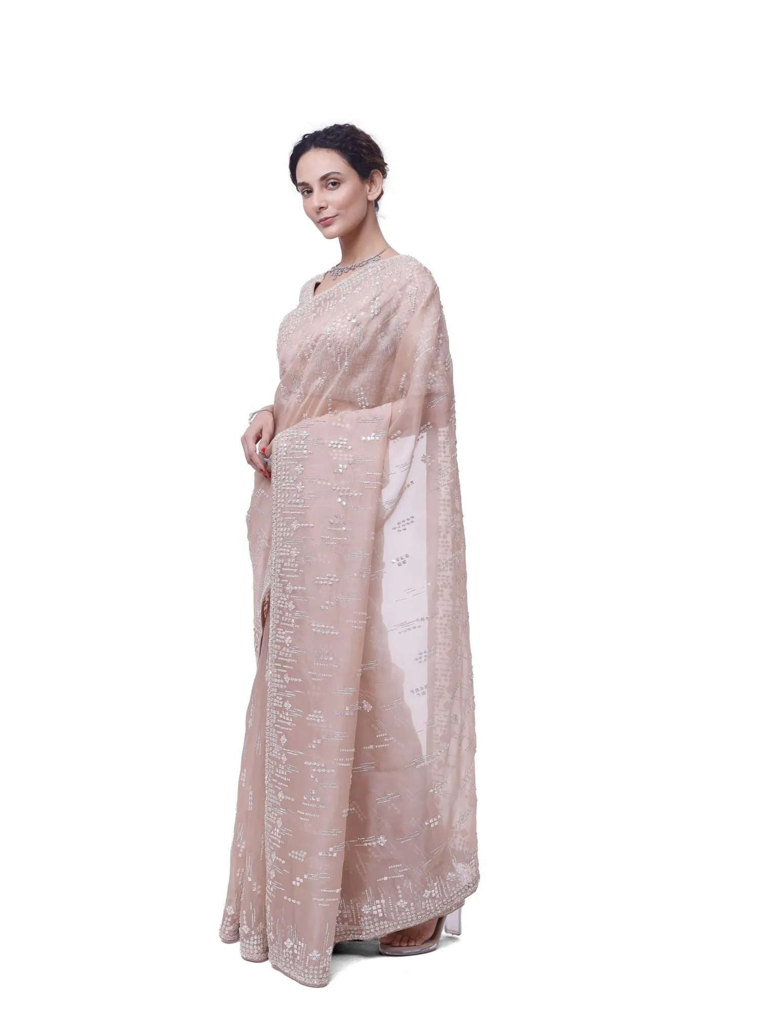 90Y040-RO Dusty Pink Embroidered Organza Sari with Raw Silk Blouse