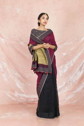 90Z088-RO Wine and Black Handloom Saree with Saree Blouse