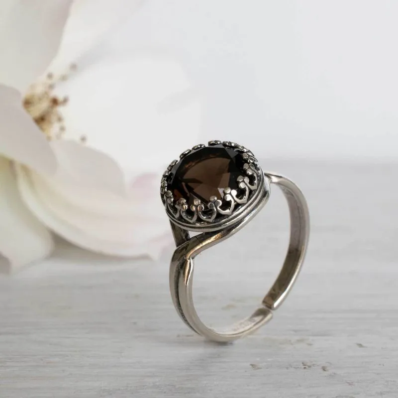 925 Sterling Silver Round Brown Smoky Quartz 10mm Ring