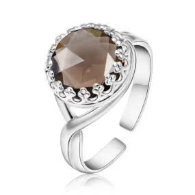 925 Sterling Silver Round Brown Smoky Quartz 10mm Ring