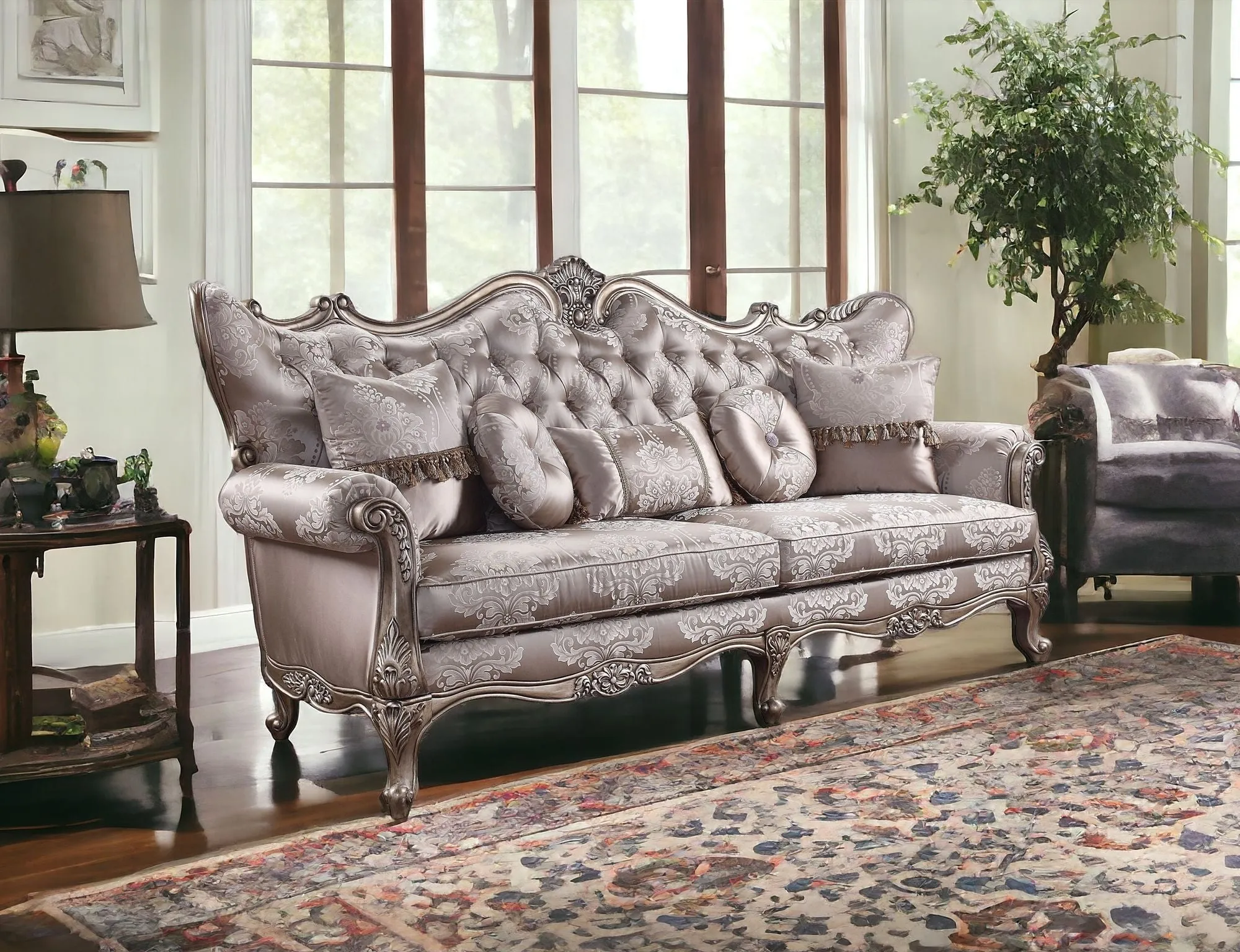 94 Fabric Imitation silk And Champagne Sofa With Five Toss Pillows