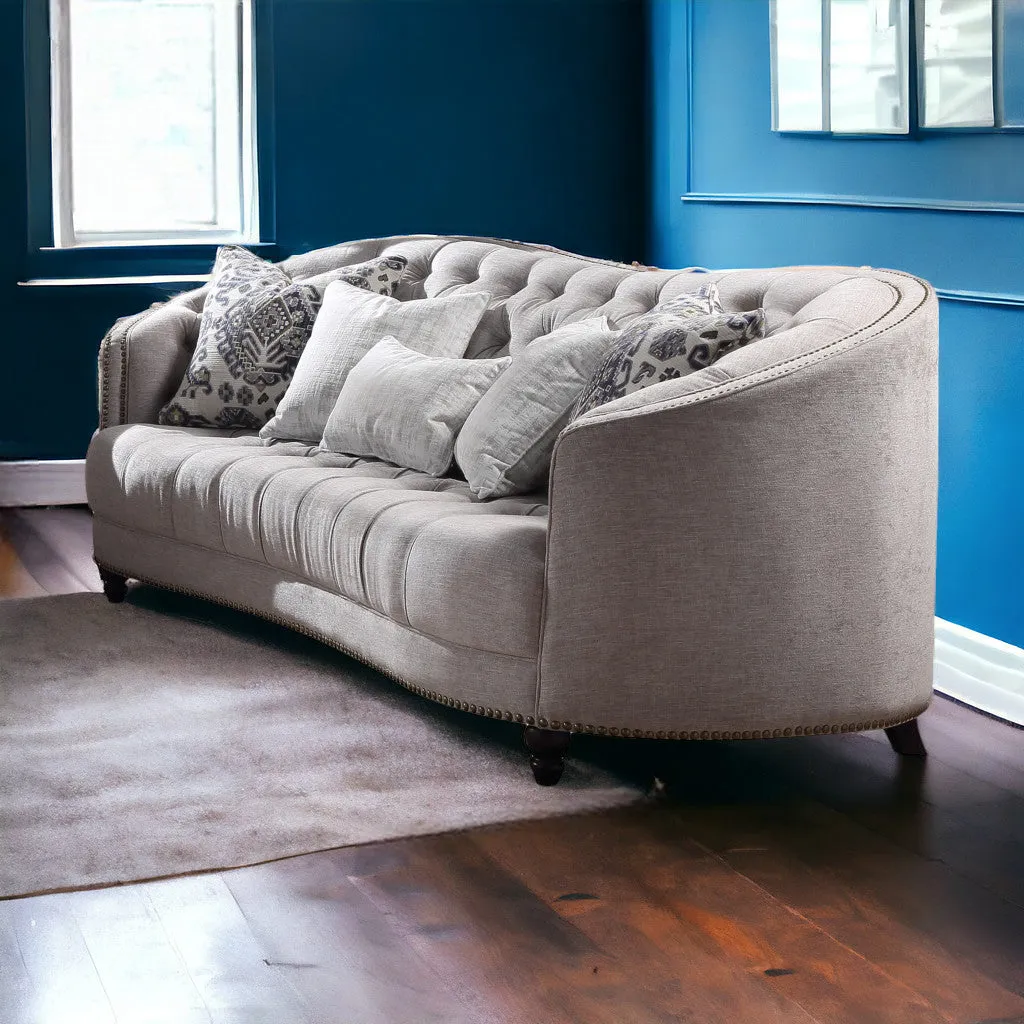 95 Light Gray Linen And Black Sofa With Five Toss Pillows