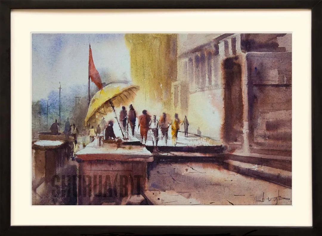 A beautiful painting of a ghat in Banaras