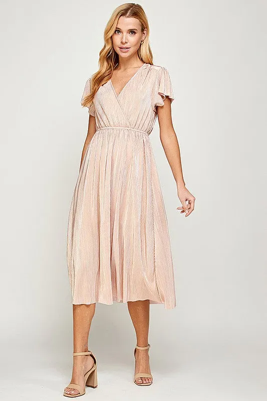 Abigail V-Neck MIDI Dress in Golden Pink