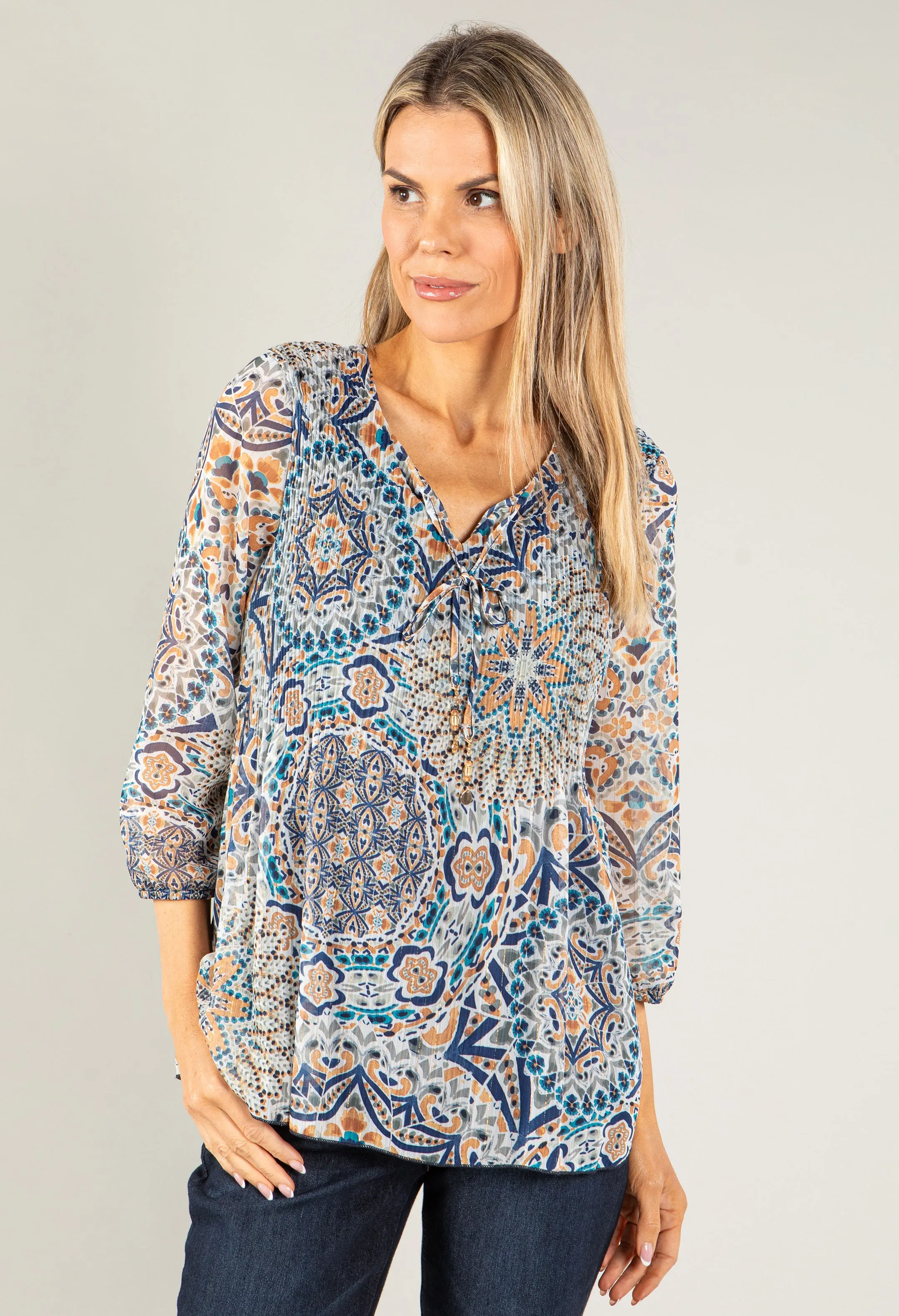 Abstract Print Plisse Pleat Top